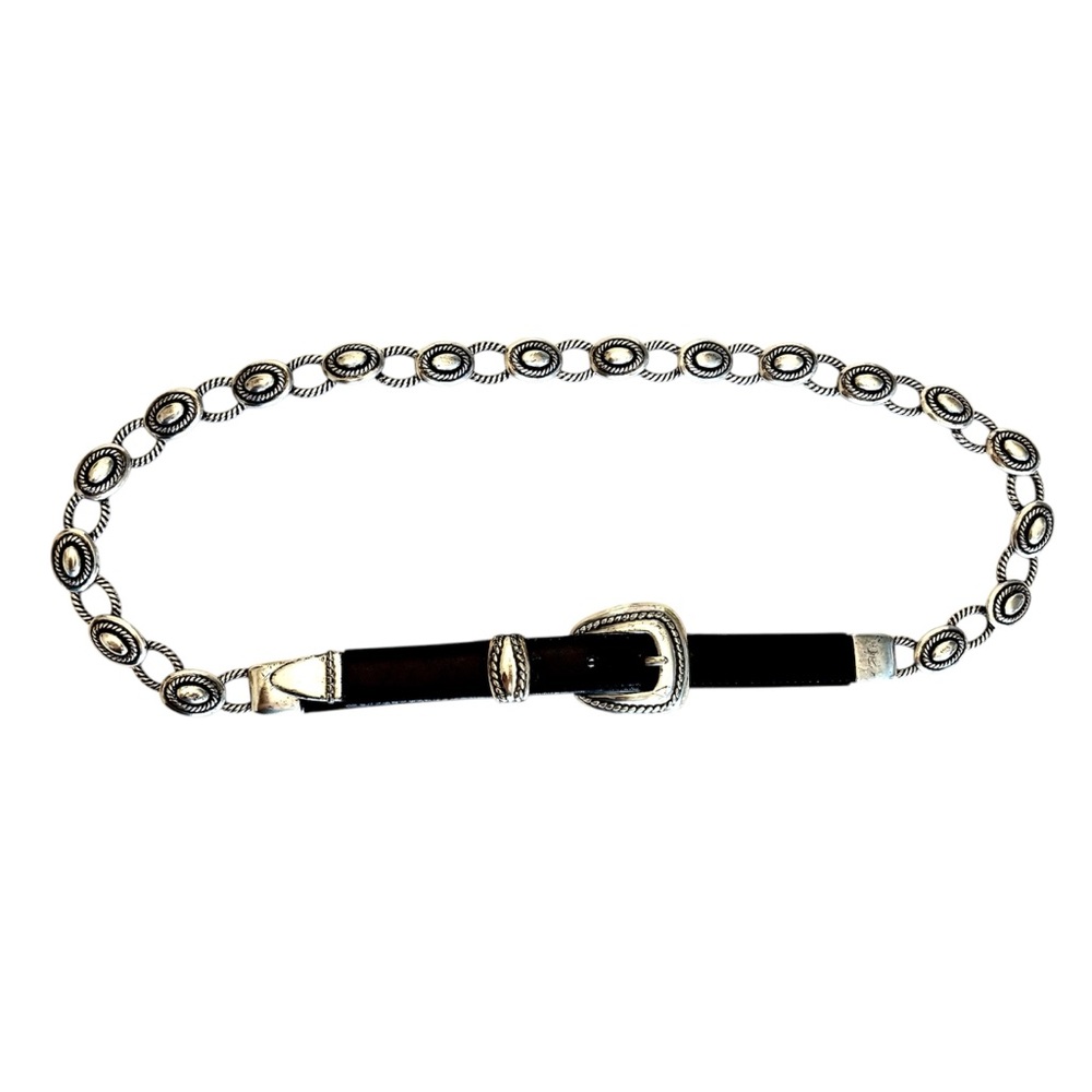 VINTAGE WOMENS BRIGHTON CHAIN LINK BELT Silver Black Leather Concho 90s Y2K